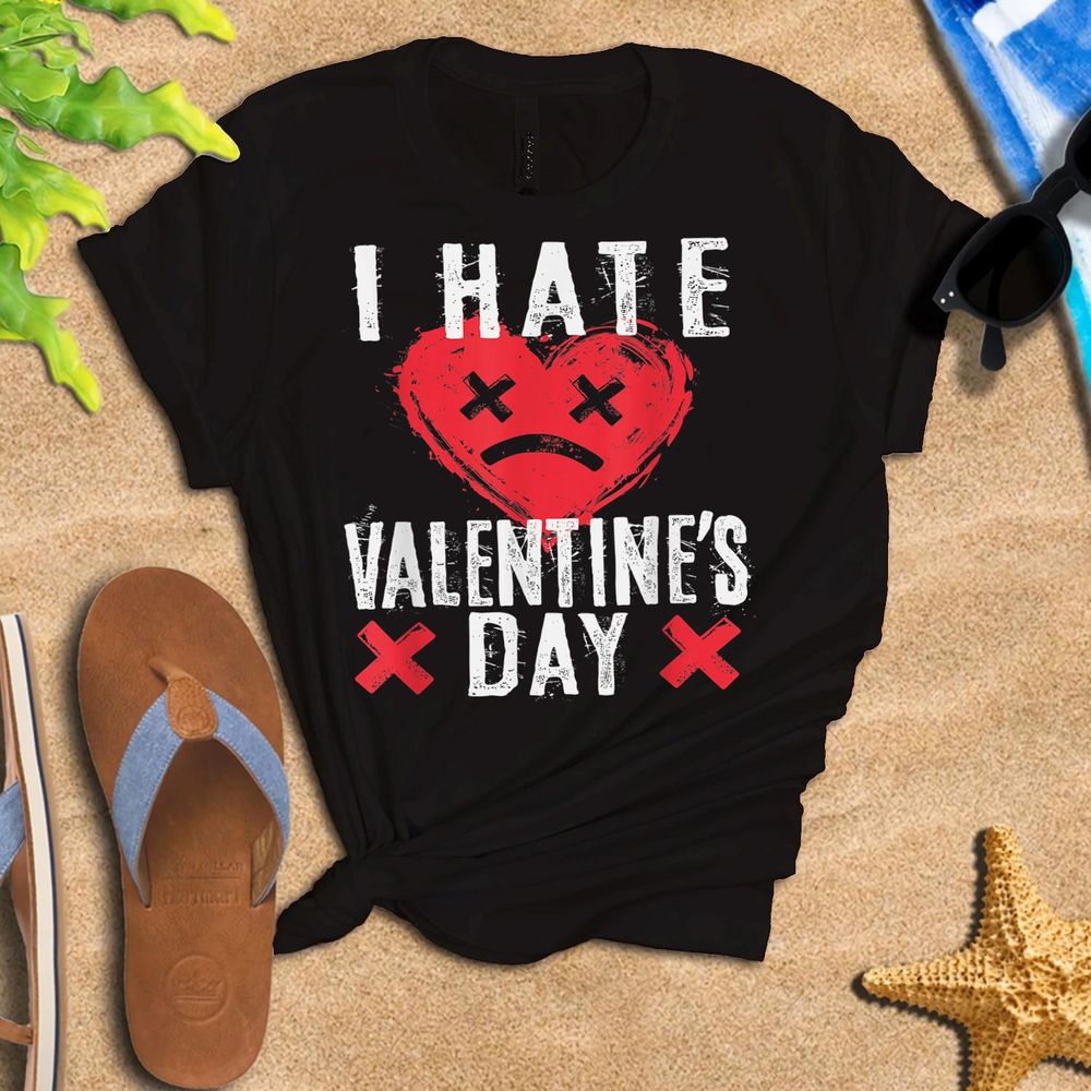 I Hate Valentine's Day Tshirt Anti-valentine Sad Face Heart Shirt Unisex Standard T-Shirt black s